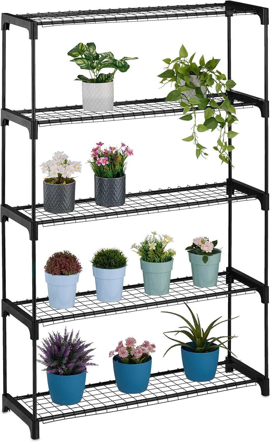 Relaxdays Blumenregal, 5 Ablagen, Blumen- & Pflanzentöpfe, Metall & Kunststoff, HBT: 140x91x28 cm, K