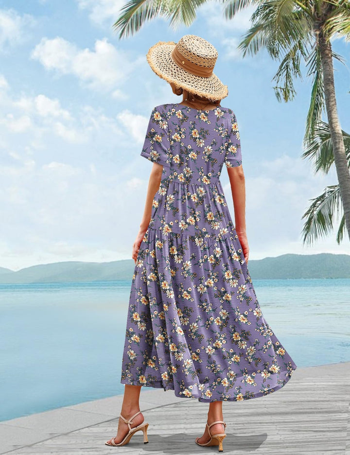 YESNO Damen Kleider Freizeit Lose Sommerkleid Lang Boho Maxikleid für Rundhals Strandkleid Blumenkle