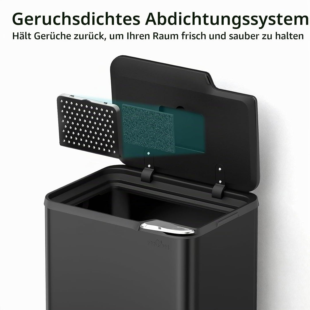 mVm Küchen &amp; Büromülleimer 60L, Edelstahl, Rechteckig, Mit Deckel &amp; Geruchsfilter, Sanftschliessend