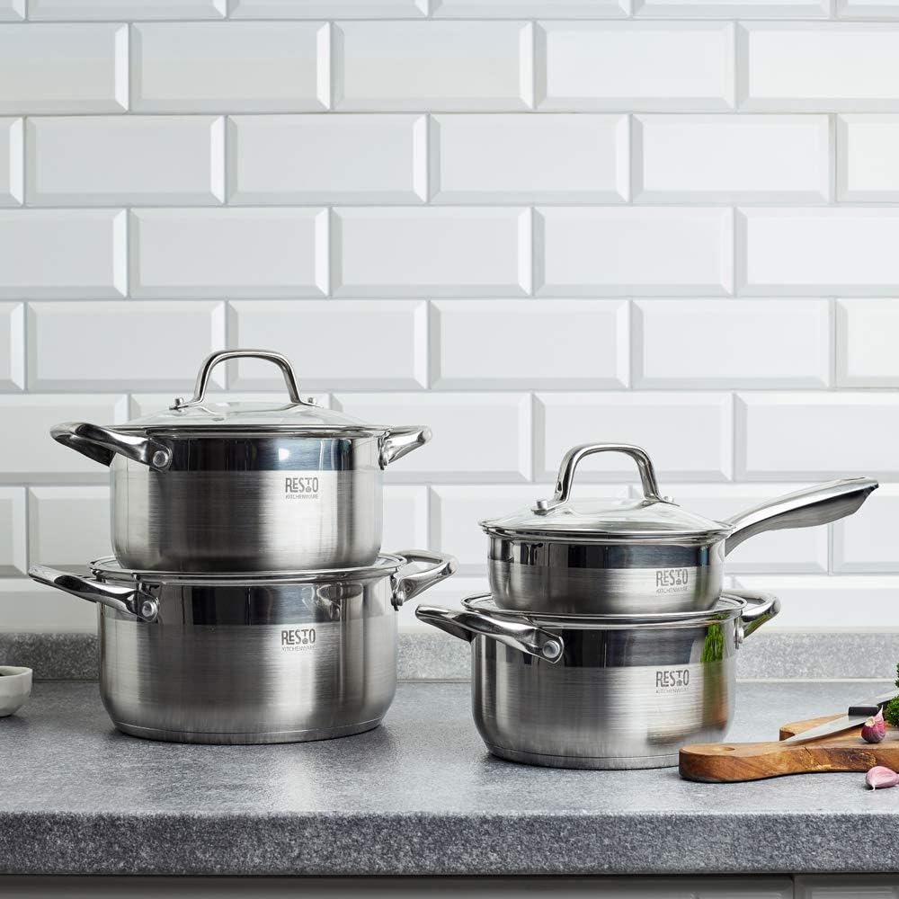 RESTO Kochtopf 1l, Bratentopf 16 cm– Saucepan Stielkasserolle aus Edelstahl mit hitzebeständigem Gla