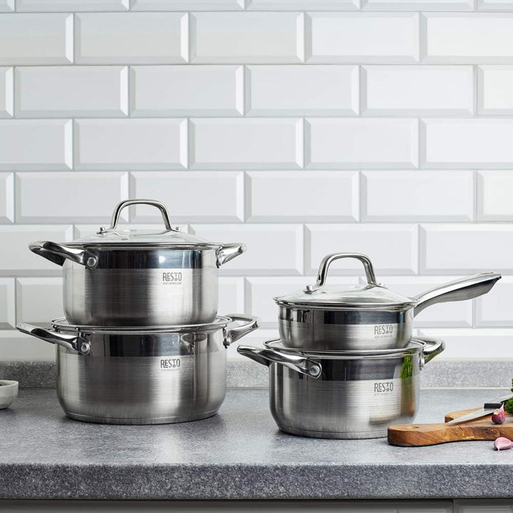 RESTO Kochtopf 1l, Bratentopf 16 cm– Saucepan Stielkasserolle aus Edelstahl mit hitzebeständigem Gla