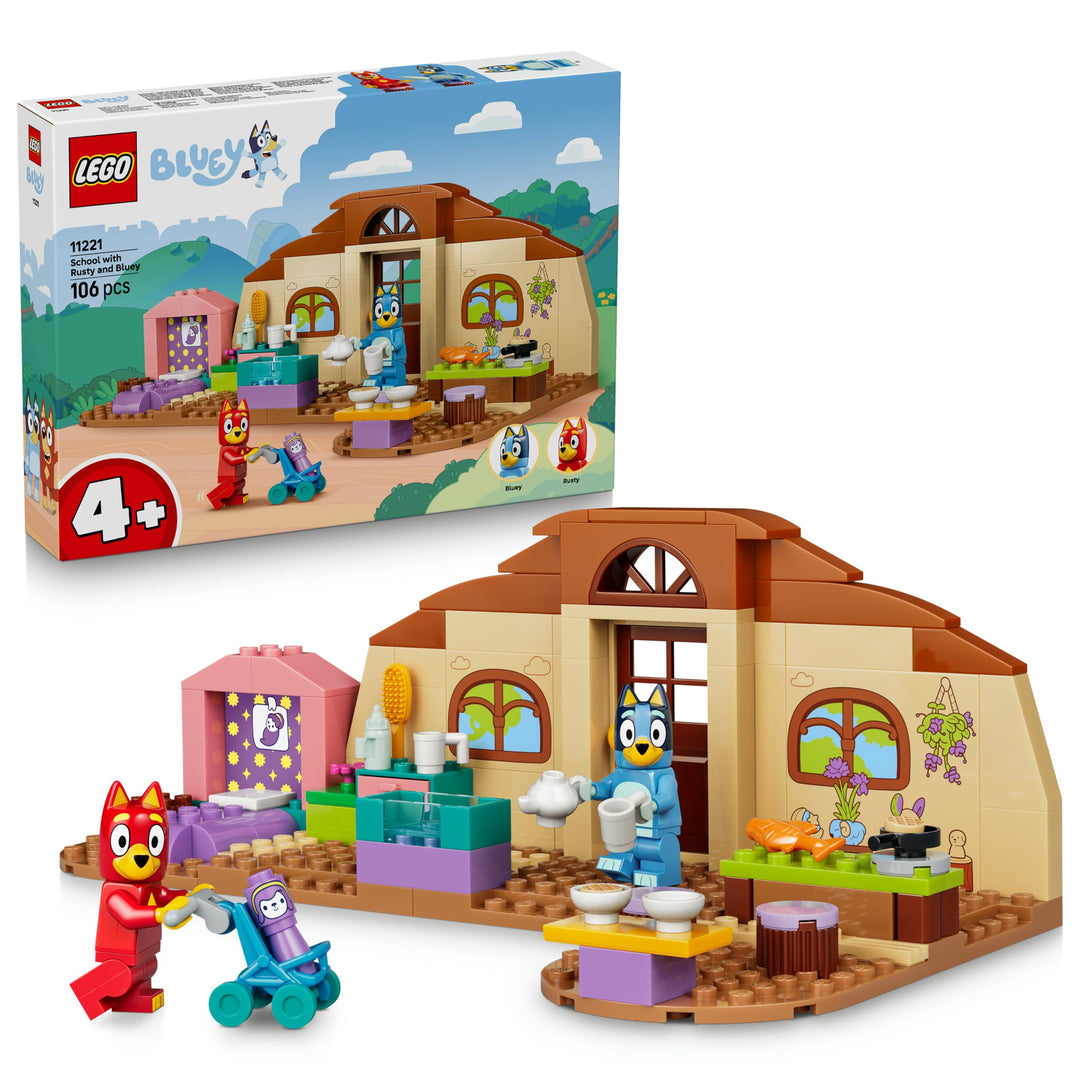 LEGO Bluey Schule mit Rusty und Bluey - Lernspielzeug mit Küche, Café, 2 Minifiguren & Spiellebensmi