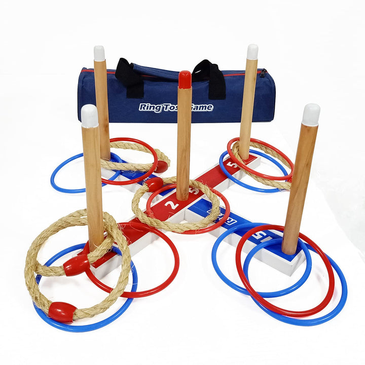 Wurfspiele Ring Toss Game Wooden Quoits Throwing Tossing Game Set with Carry Bag（5 pcs Rope Rings +
