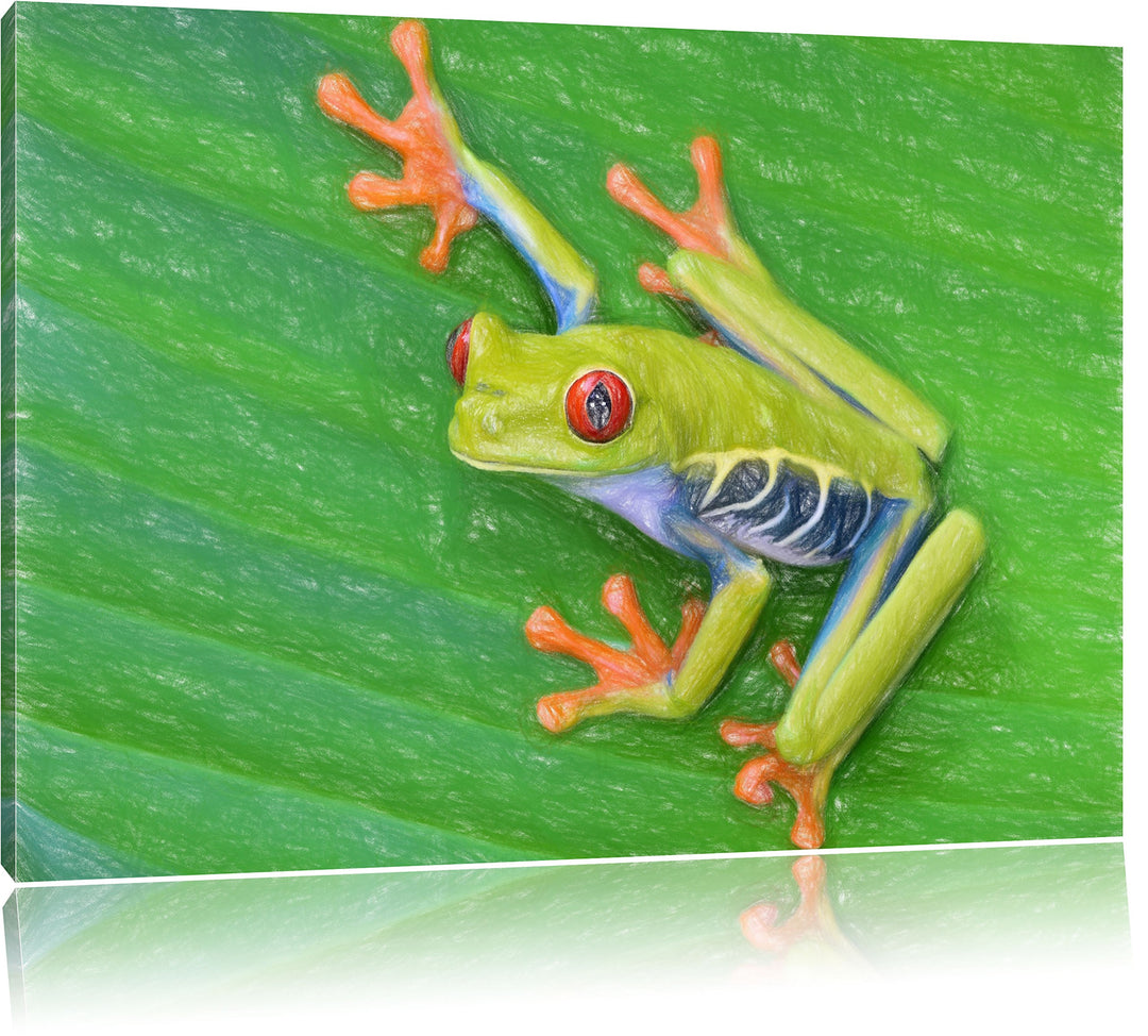 Pixxprint Kleiner Frosch auf Blatt als Leinwandbild/Grösse: 100x70 / Wandbild/Kunstdruck/fertig besp