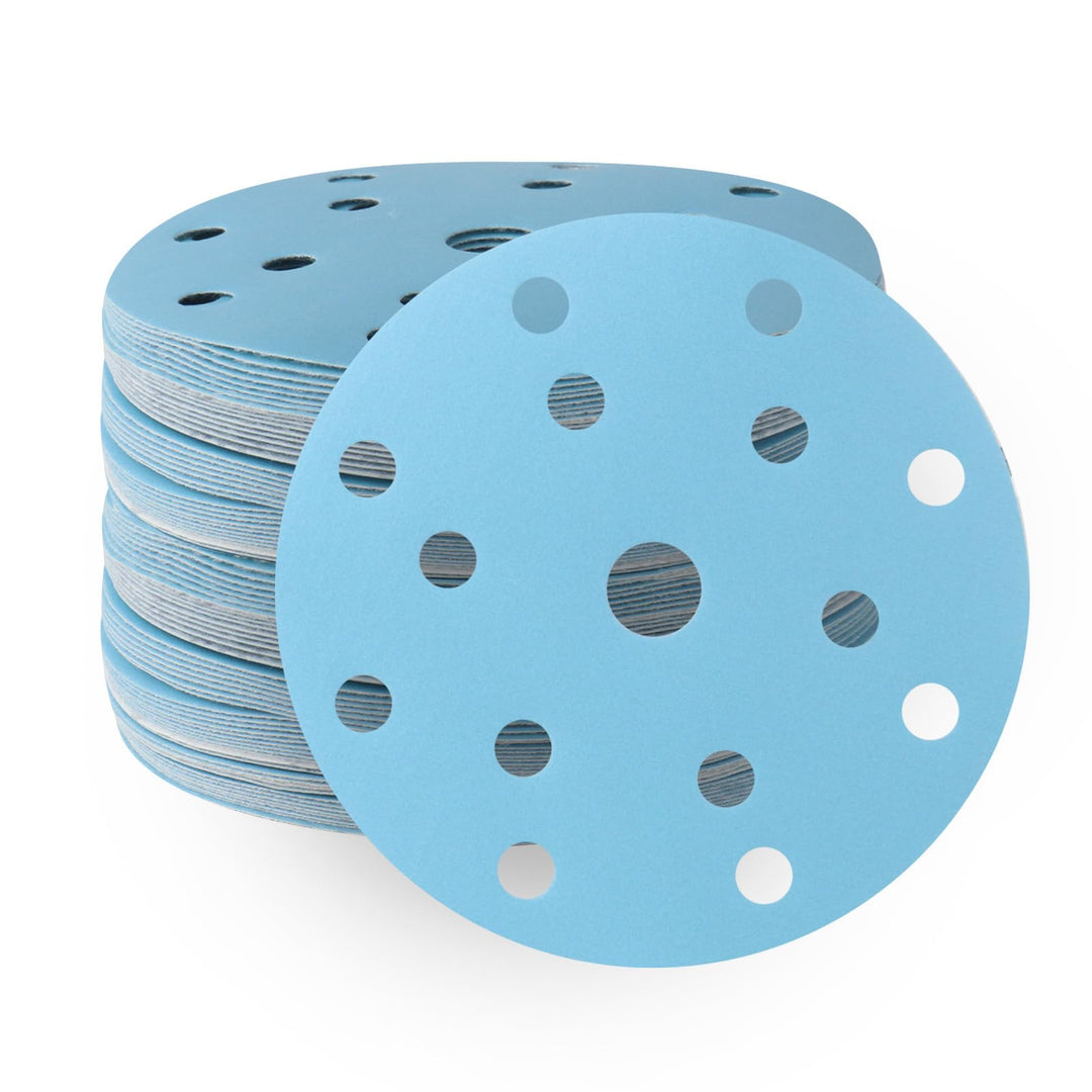 Schleifpapier 150mm Klettverschluss Blau 15 Loch 120 Körnung 50 Stück Keramik geeignet für Metall un