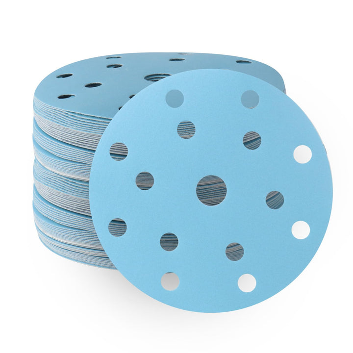Schleifpapier 150mm Klettverschluss Blau 15 Loch 120 Körnung 50 Stück Keramik geeignet für Metall un