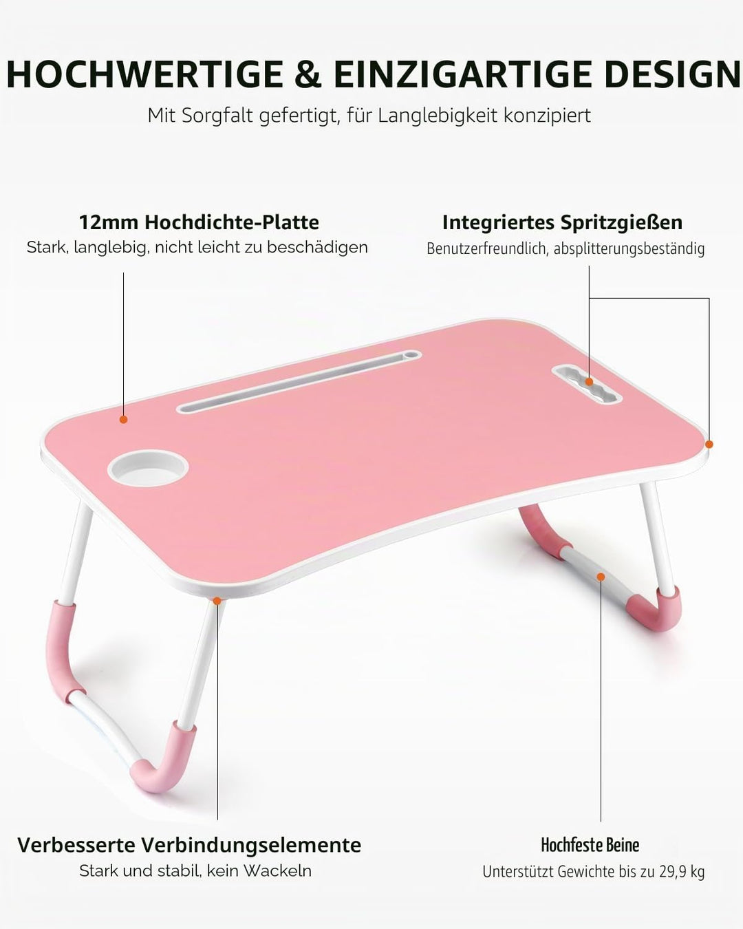 Faltbarer Laptoptisch, tragbarer Schossschreibtisch, Betttisch, Laptopständer mit Getränkehalter & T
