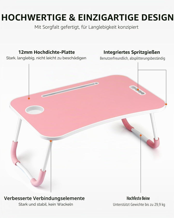 Faltbarer Laptoptisch, tragbarer Schossschreibtisch, Betttisch, Laptopständer mit Getränkehalter & T