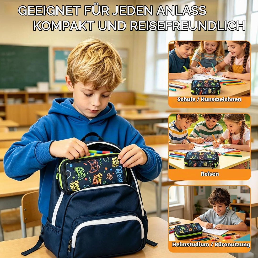 Federmäppchen Jungen 41 Teilig, 3 Fach Gaming Federtasche | Stiften, Textmarker, Radierer, Lineal Se