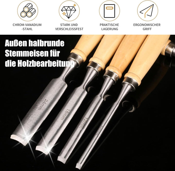 4 Stück Holz Meissel Set, Stechbeitel Rund Gebogen Hohlbeitel Werkzeuge Set, CR-V Stahl halbkreisför