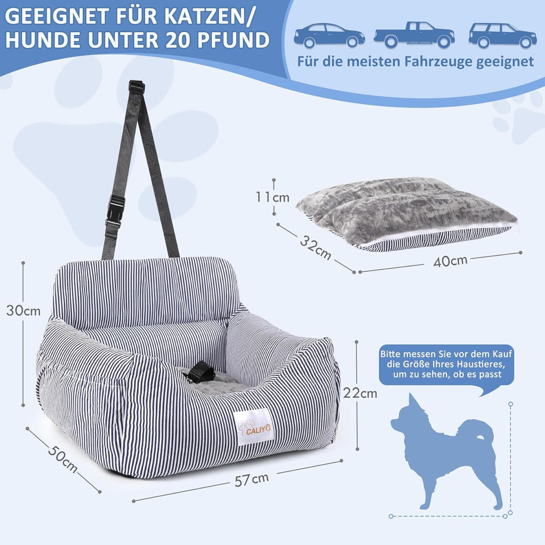 CALIYO Hunde Autositz, Sicherheitsgurt - Waschbarer Autositz Hund in Blau/Weiss für Kleine, Mittlere