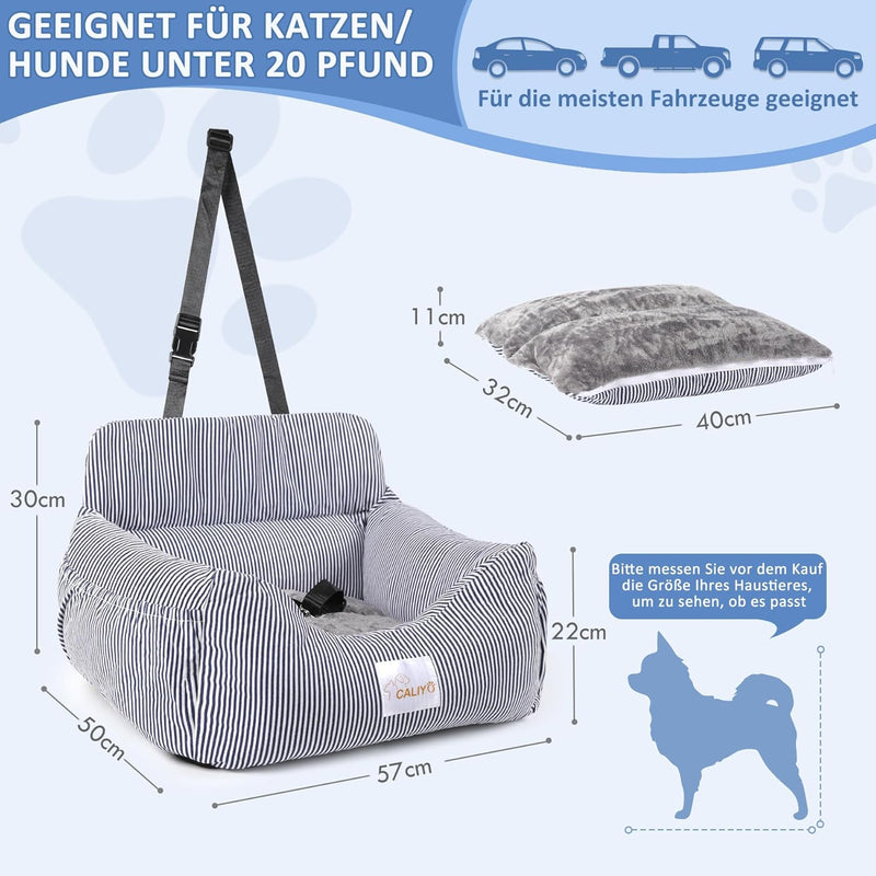 CALIYO Hunde Autositz, Sicherheitsgurt - Waschbarer Autositz Hund in Blau/Weiss für Kleine, Mittlere