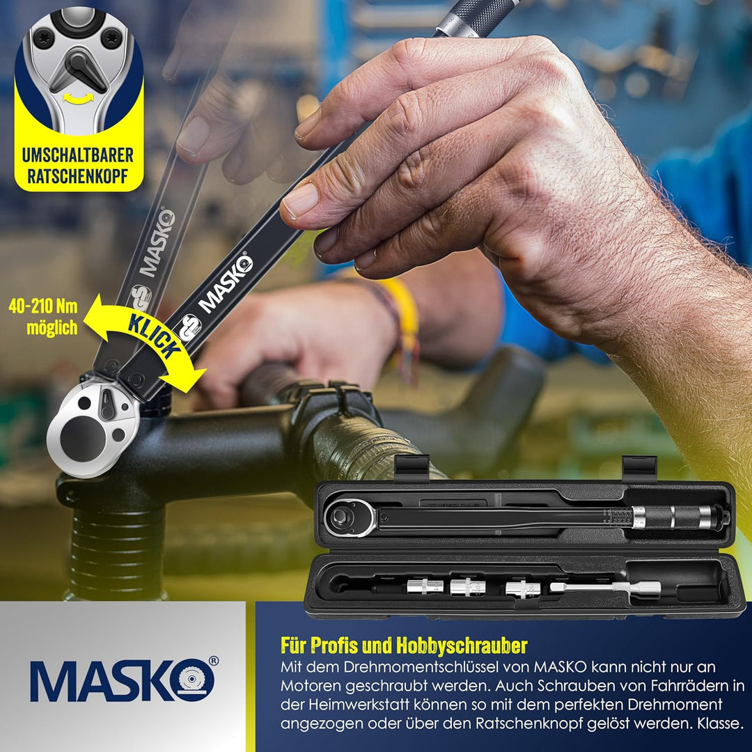 MASKO® Drehmomentschlüssel 6tlg. Set 40-210Nm 1/2' CV inkl. 3 Stecknüsse 17mm 19mm 21mm & Verlängeru
