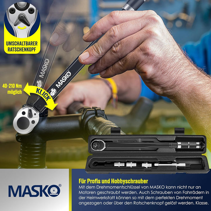 MASKO® Drehmomentschlüssel 6tlg. Set 40-210Nm 1/2' CV inkl. 3 Stecknüsse 17mm 19mm 21mm & Verlängeru