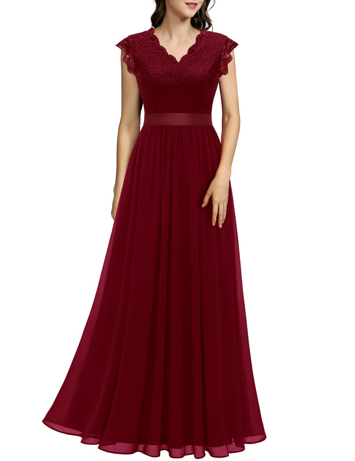 Dressystar Damen Spitzenkleid Elegant Hochzeit Abendkleider Maxi Cocktailkleid XL Band_darkred, XL B