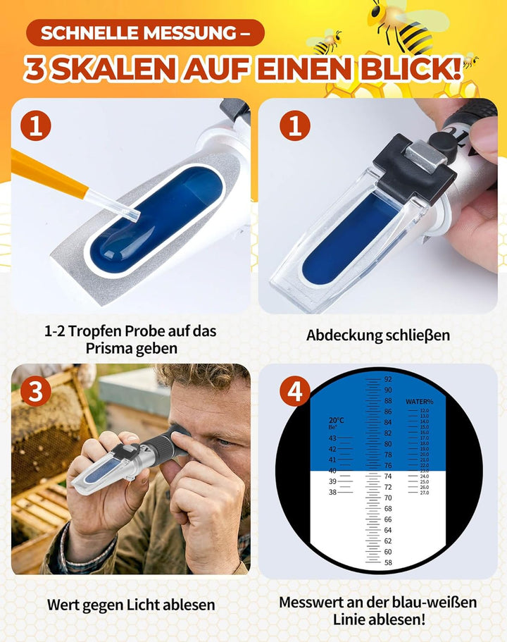 LAOYE 3IN1 Refraktometer Honig Wassergehalt 12-27% Brix 58–92% Baumé 38-43°Bé Imker Refraktometer Ho
