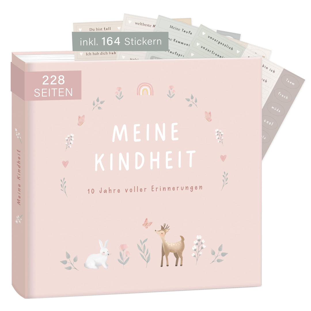 "Meine Kindheit" Erinnerungsalbum Rosa + Sticker Set I deine ersten 10 Jahre I Fotoalbum Kinder Gesc