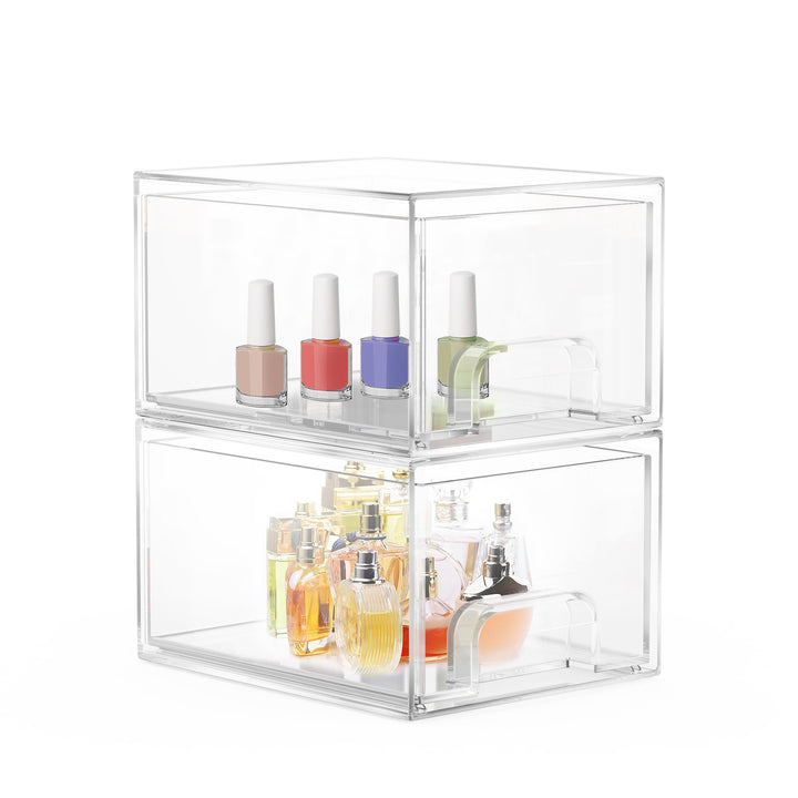 2 Stück Badschrank Organizer Box, Stackable Acryl Aufbewahrungsbox Schublade mit 16 rutschfeste Matt