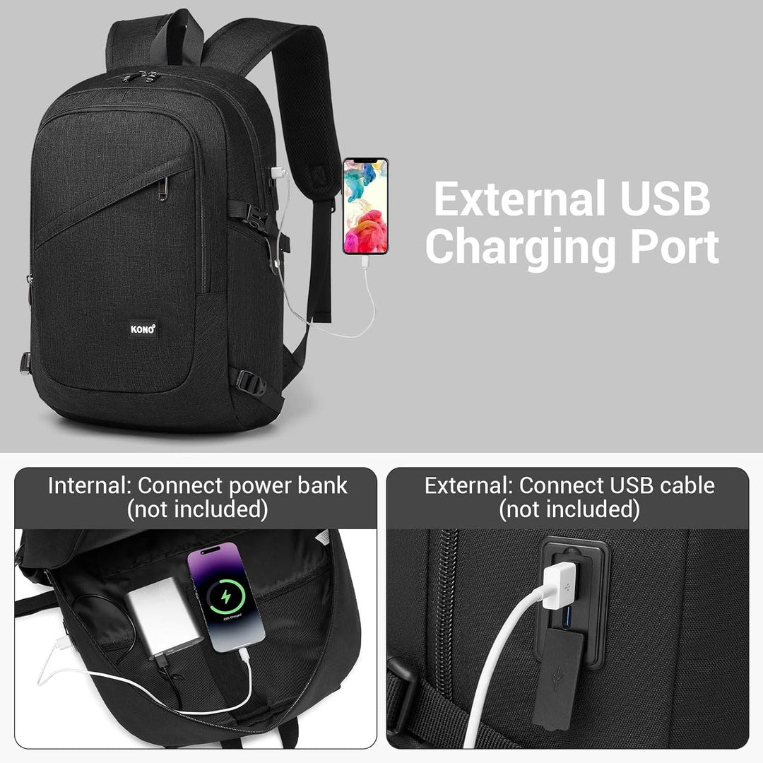 KONO Rucksack Herren, Leicht Laptop Rucksack 17,3 Zoll Anti-Diebstahl mit USB-Ladeanschluss, Schulru