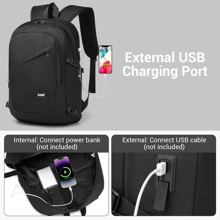KONO Rucksack Herren, Leicht Laptop Rucksack 17,3 Zoll Anti-Diebstahl mit USB-Ladeanschluss, Schulru