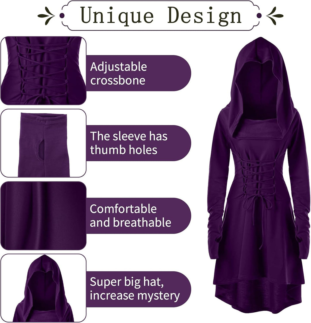 Pianocean Mittelalter Kleidung Damen, Renaissance Kleid, Gothic Kleid，Renaissance Mit Kapuze Langarm