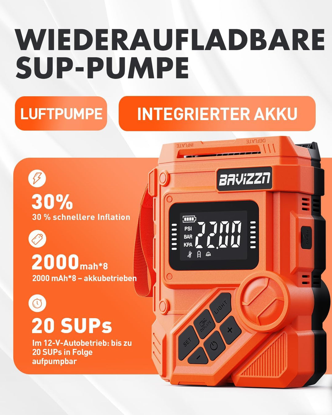 22PSI Akku Sup Elektrische Pumpe 12V DC Sup Pumpe Elektrisch Mit Akku 59.2WH Typ-C-Anschluss Inflato