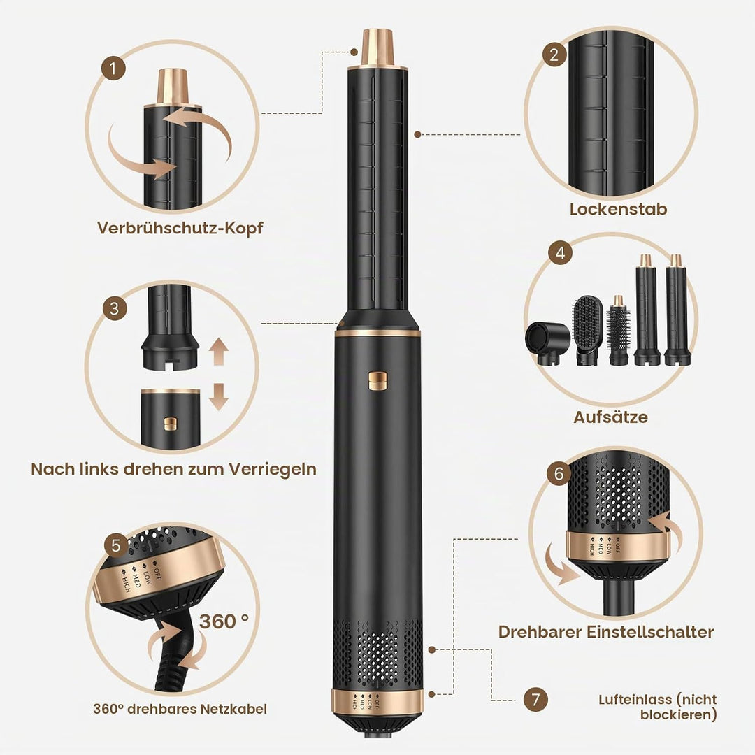 Hairstyler 5 in 1 Sendowtek, Multi Airbrush Haarstyler 1000W Airstyler Haarstyling Geräte 3 Temp Aut