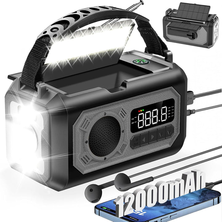 12000mAh Kurbelradio mit Handyladefunktion, Solar Radio mit 2 Sonnenkollektoren, AM/FM Tragbar Notfa