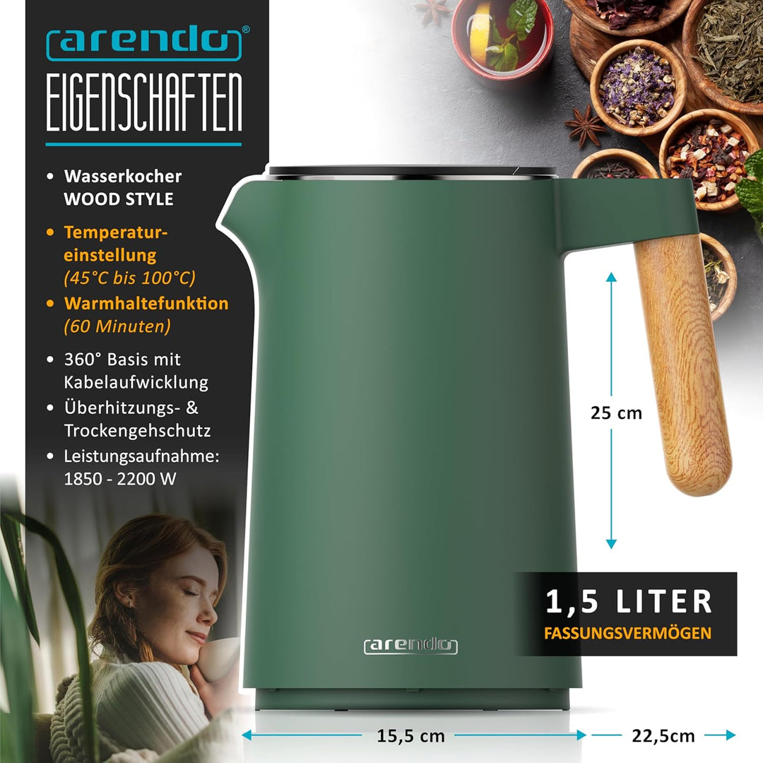 Arendo - Wasserkocher Edelstahl mit Temperatureinstellung - 45°C-100°C - 1.5 Liter - Doppelwand - BP