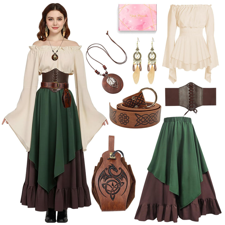 Mittelalter Kleidung Damen Set, Renaissance Kostüm und Retro Off Shoulder Bluse mit Corsett, Gürtelt