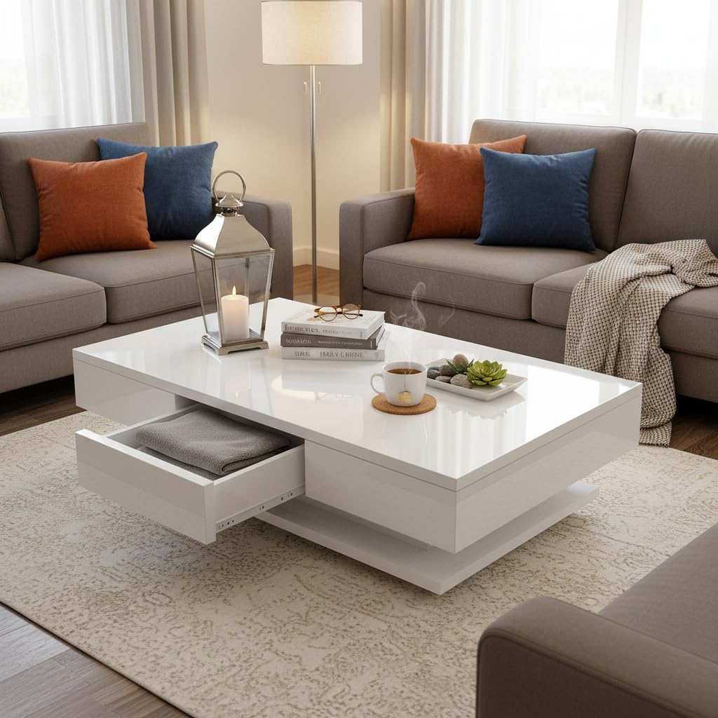 Oyajia Couchtisch, Modern Sofatisch Wohnzimmertisch mit 2 Schublade, Wohnzimmertisch Hochglanz Moder