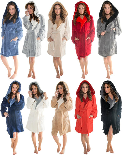 CelinaTex XS-XXXL Bademantel Kapuze zweifarbig kurz aufgesetzte Taschen Damen Mikrofaser Kuschelflee