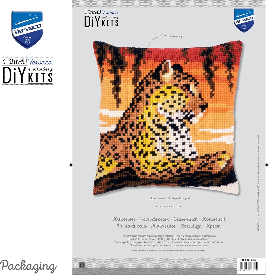 Vervaco Kreuzstichkissen Leopard Kreuzstichpackung, Stramin, Weiss, 40 x 40 x 0,3 cm