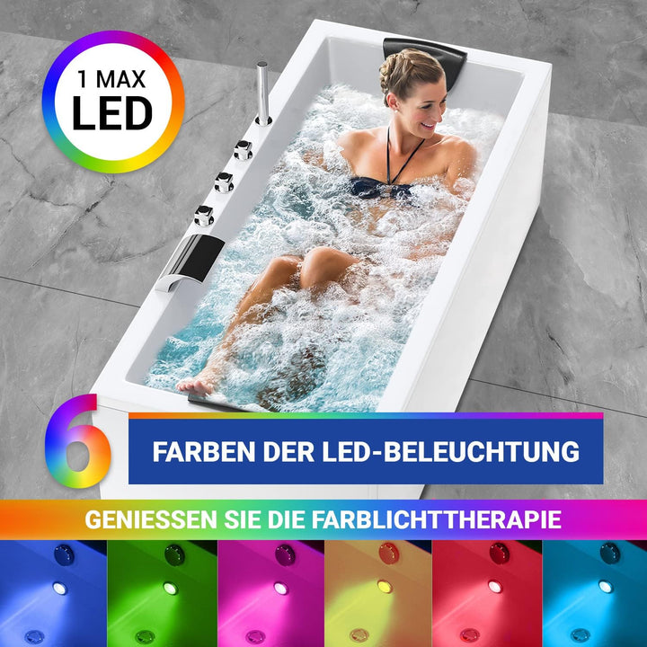 AQUADE Whirlpool Badewanne Wolfsburg Classic 170x75 cm mit LED Whirlpool Beleuchtung & Badekissen fü