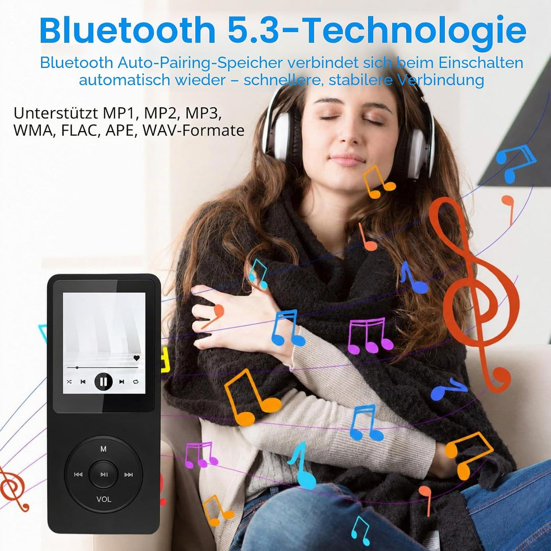 64GB MP3 Player Bluetooth 5.3, Tragbarer Musikplayer mit Lautsprecher, HiFi Klang, HD Sound, FM Radi
