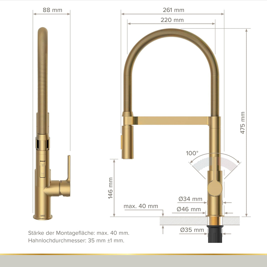 Lenz Küchenarmatur ALUNA in Gold - flexible Geschirrbrause mit 2 Strahlarten - Anti-Fingerabdruck Ob