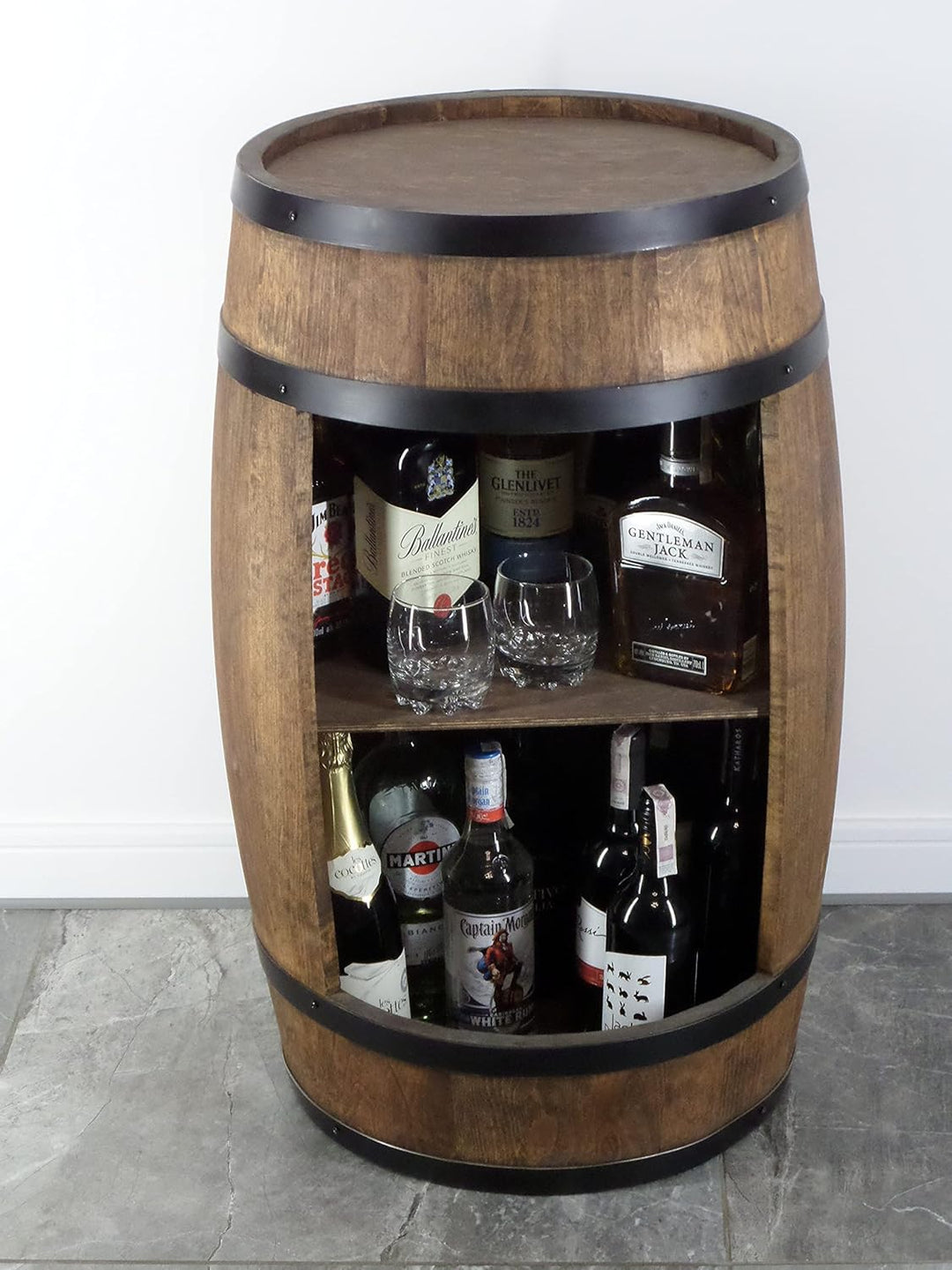 Holzfass Hausbar - Weinschrank im Retro Stil - Weinfass Bar - Weinregal Holz - Holzbar 80cm hoch - E