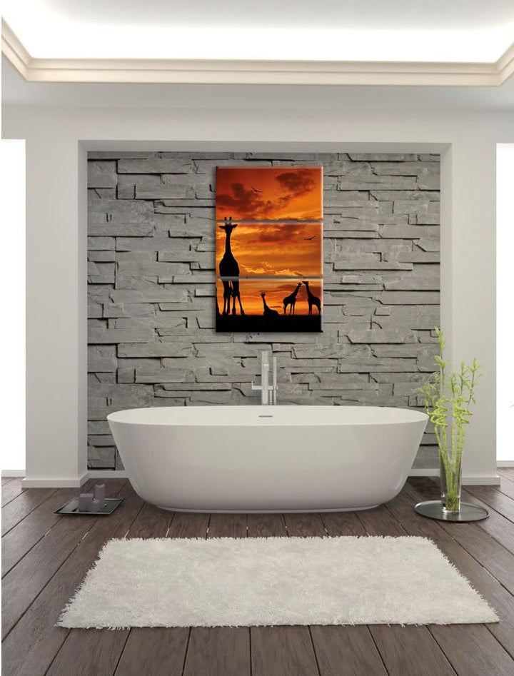 Pixxprint Afrika Giraffen im Sonnenuntergang 3-Teiler Leinwandbild 120x80 Bild auf Leinwand