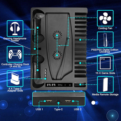 NEWZEROL Konsolenständer kompatible für PS5 mit Lüfter und Ladestation für PS5-Controller, Playstati