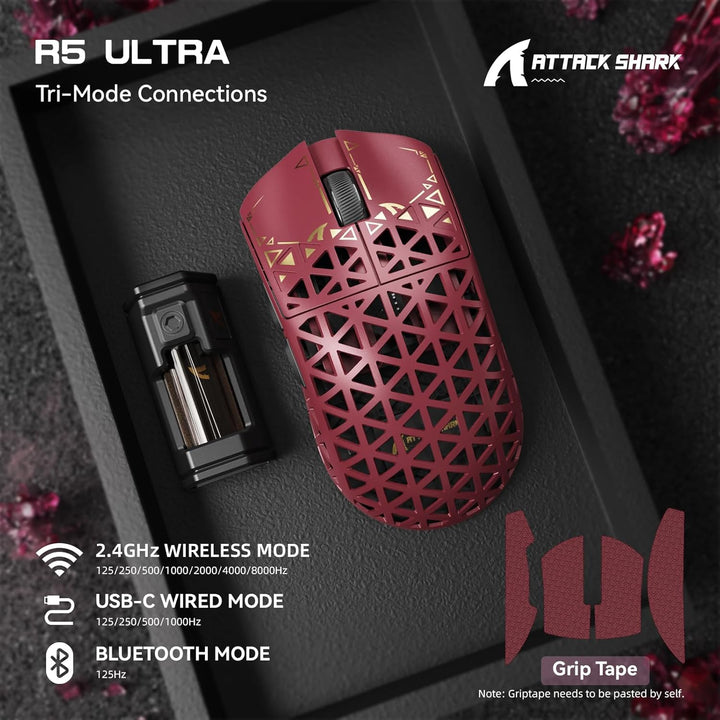 ATTACK SHARK R5 Ultra Carbonfaser HyperSpeed Kabellose Gaming-Maus, 39g Ultraleichte Maus mit Gripta