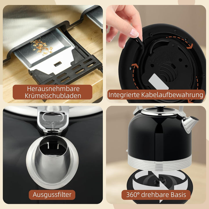 HOMCOM Wasserkocher Toaster Set Edelstahl 2200 W 1,7L Wasserkocher, 4 Scheiben Toaster, 7 Bräunungss