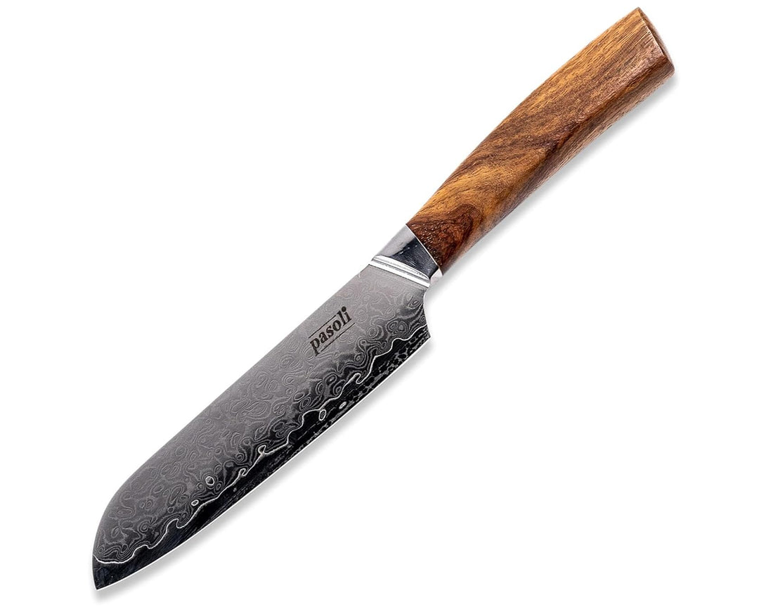 pasoli Damast Santoku-Messer inkl. Klingenschutz | 67-lagiger VG-10 Damaszener-Stahl | scharfe 13 cm