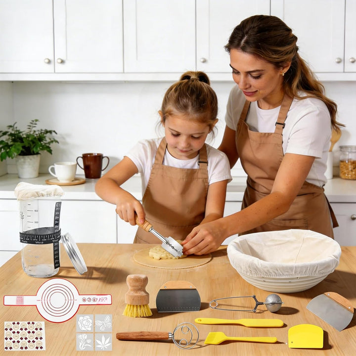 Sauerteig Starter Set mit Gärkörbchen & Sauerteig Starterglas & Alle Brot Backen Zubehör, Natürliche