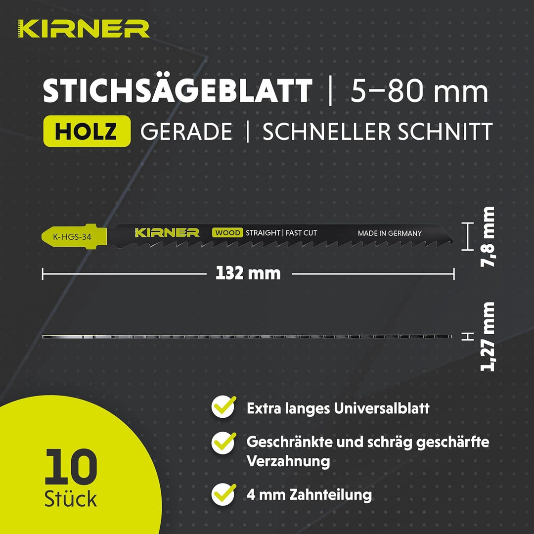 KIRNER Stichsägeblätter Holz 10 Stk. [ bis zu 5x mehr Schnitte ] Lange Version für schnelle, grobe S