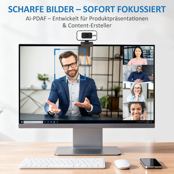 4K Webcam mit Licht & Zoom, USB Computer Kamera mit Mikrofon, Privatsphäre-Abdeckung & Anti-Stör-Lic
