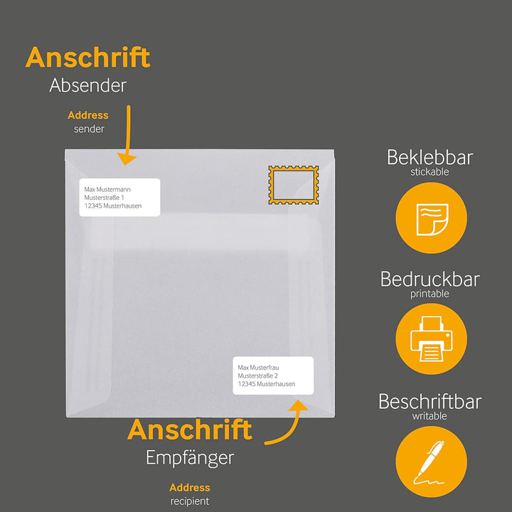 100 Stück, Transparente Briefumschläge, 125 x 125 mm, Haftklebung mit Abziehstreifen, Gerade Klappe,