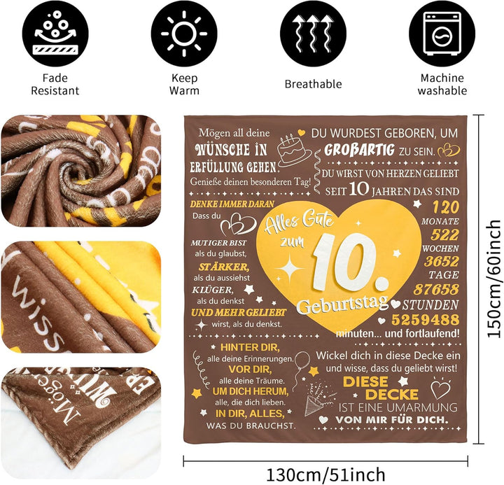 ACAROMAY Geschenk zum 10. Geburtstags Mädchen Decke Personalisierte Geschenkidee für 10-jährigen Jun