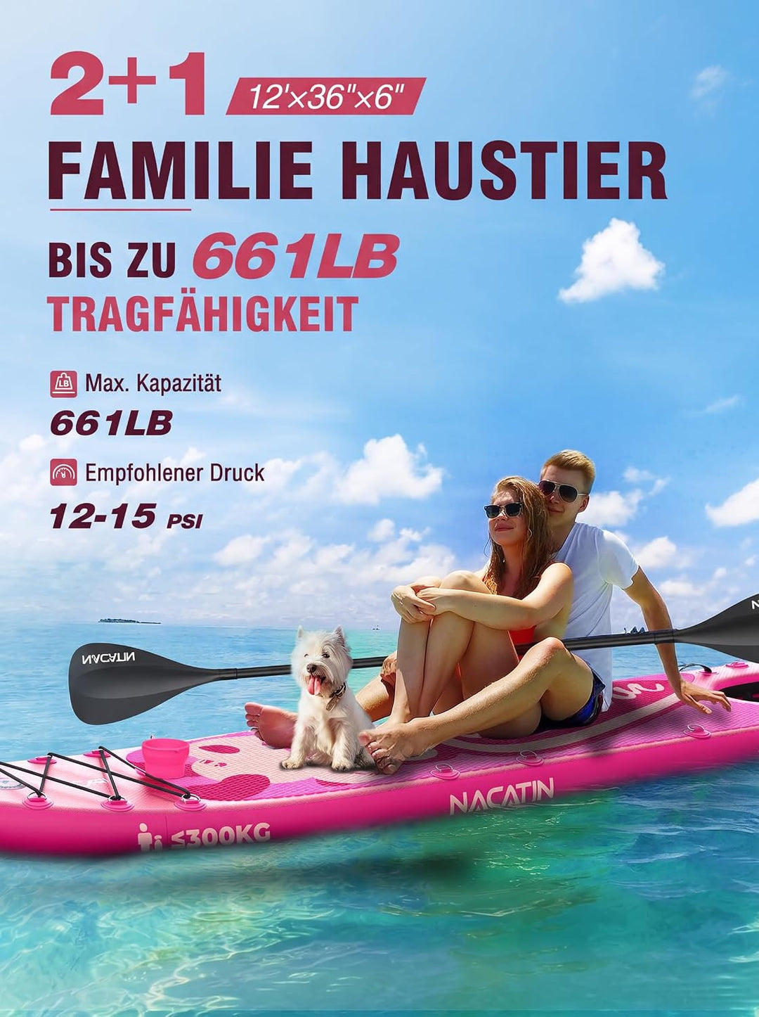 NACATIN 366cm (12ft) aufblasbares SUP Board mit Hunderampe, breites 91cm (36in) Stand Up Paddling Bo