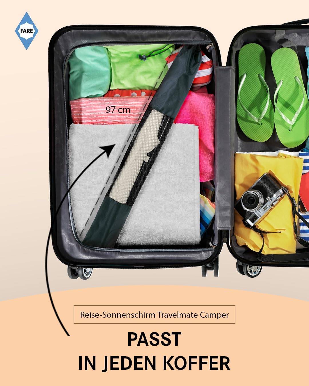 FARE Reise-Sonnenschirm Travelmate Camper UV Schutz 50+ für Koffer Flugzeug Camping Balkon Strand Ga