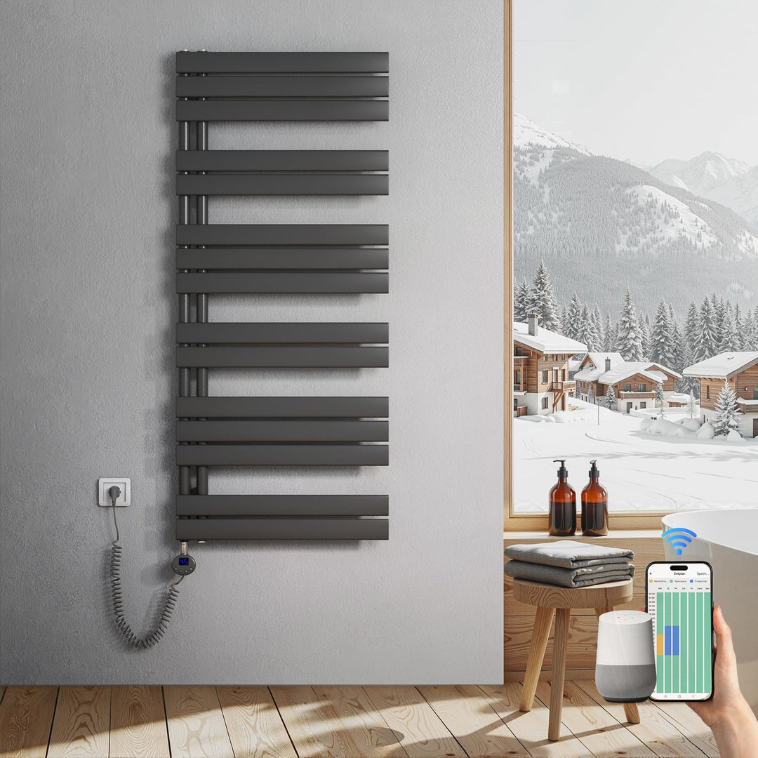 Heilmetz Badheizkörper Elektrisch 1385 x 600mm Anthrazit mit WIFI Smart Heizstab 800W, Flach Handtuc